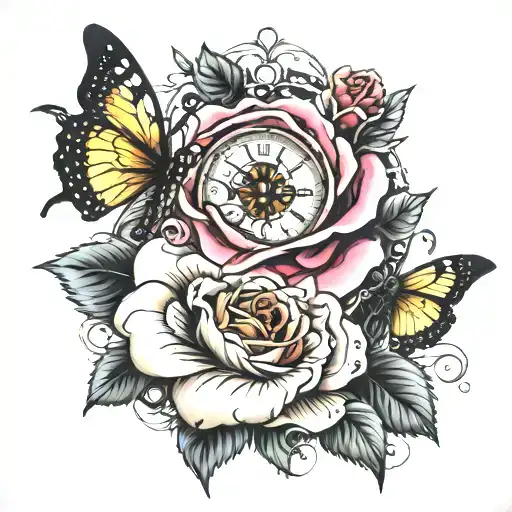 rose with a butterfly with hr glass with mom and daughter and a gear clock meaning life is too short to miss ur daughter tattoo design idea