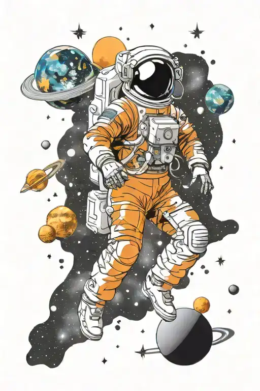 astronaut in outer space surrounded by planets and stars tattoo design idea