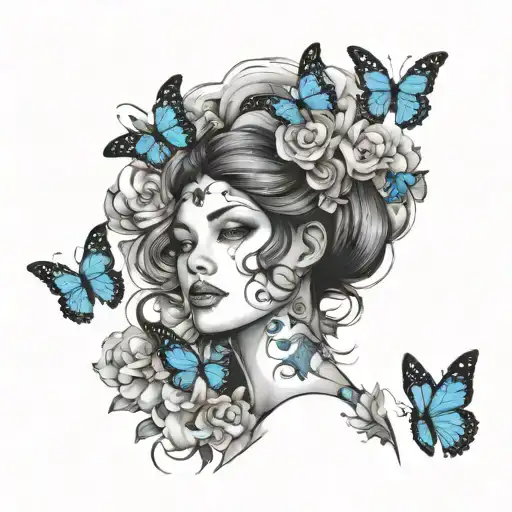 999 with clouds and butterflies surrounding her head blue tattoo design idea