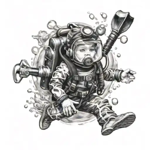 A realistic portrait of the client's child playing with a scuba diving gear, representing his role as a father and love for scuba diving tattoo design idea