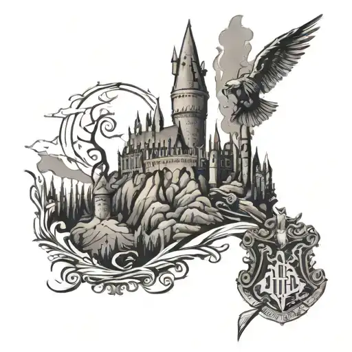 Harry potter with hogwarts, castle and background and voldemor fight tattoo design idea