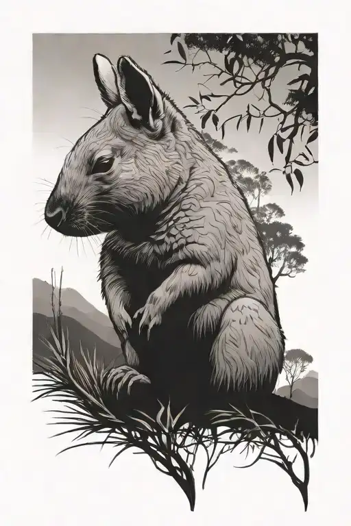 Australian landscape kangaroo wombat cockatoo  tattoo design idea