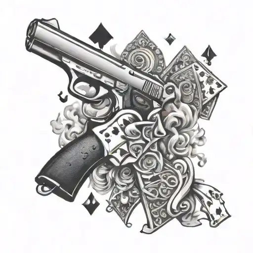gun with playing cards and smoke tattoo design idea