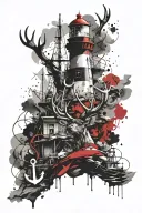 stag head, lighthouse and anchor tattoo design idea