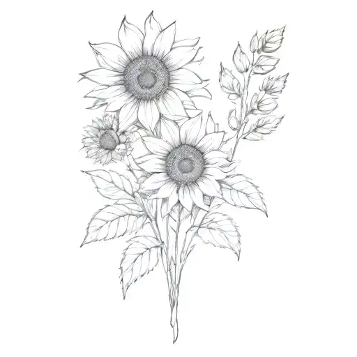 sunflower, lavender, eucalyptus bouquet tattoo design idea
