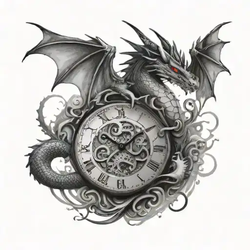 dragon and clock face tattoo design idea