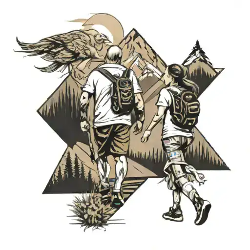 tattoo for women showing father daughter walking towards mountains and incorporate badminton tattoo design idea