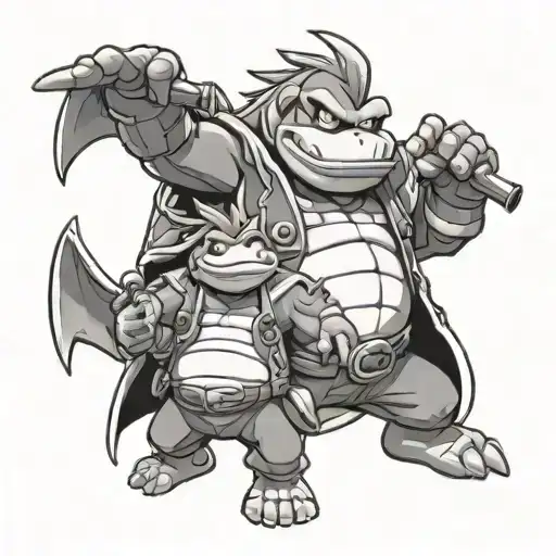 A mashup of Roy, King Rool, and King Dede characters in a Super Smash Bros theme tattoo design idea
