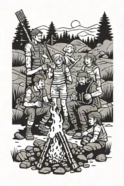 A family of pixelated characters from popular video games gathered around a campfire, with the professional javelin thrower joining them in the background tattoo design idea