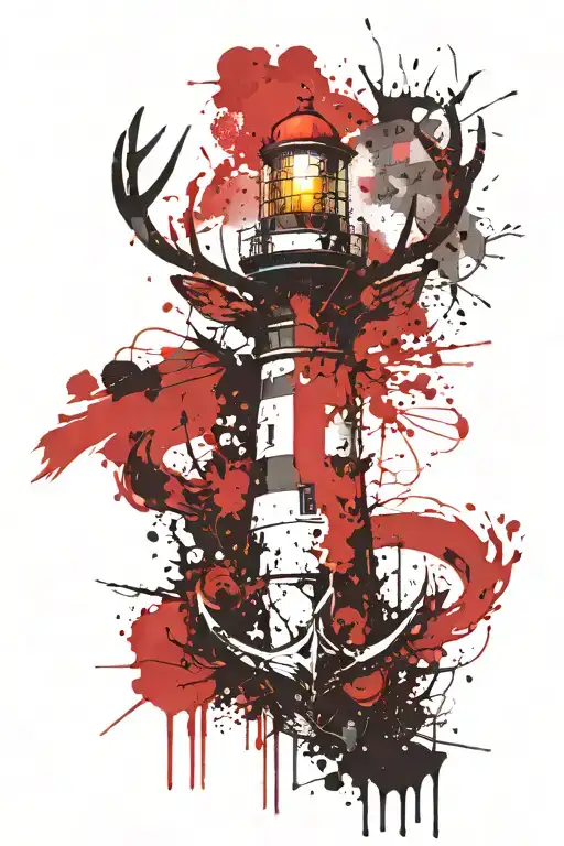 Scotland flag background. stag head on top. lighthouse and anchor tattoo design idea