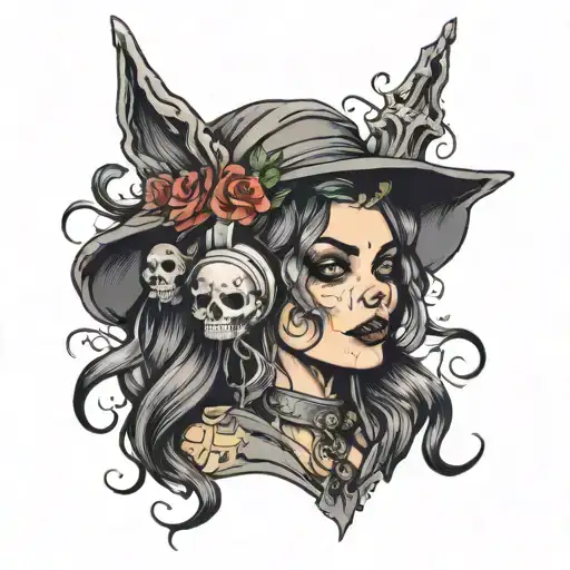 witch and skull wearing headphones tattoo design idea