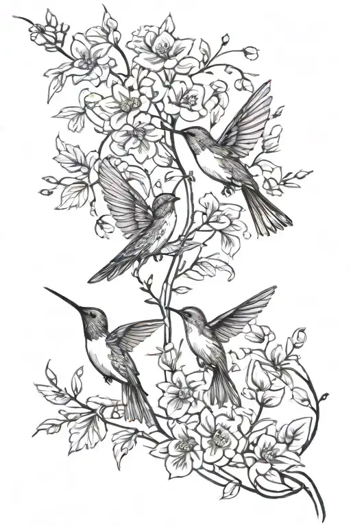 long spine tatto with dainty flowers and vines with two small hummingbirds intertwined in the design tattoo design idea