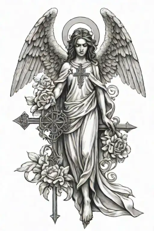 Angel holding a Orthodox cross with the name sophie in the cross! tattoo design idea