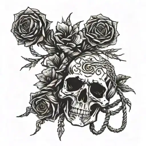 a bouquet of dead flowers tied to a hangman's noose. no color and drawn in a woodcut style. tattoo design idea