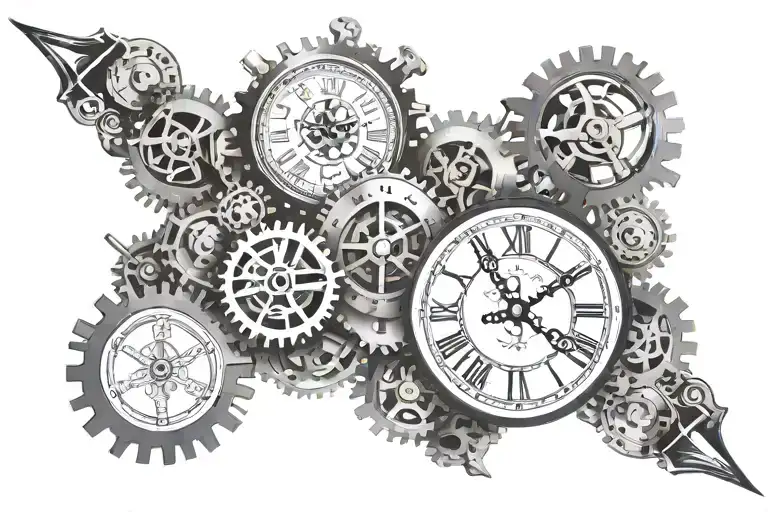  broken clock surrounded by gears and glass tattoo design idea