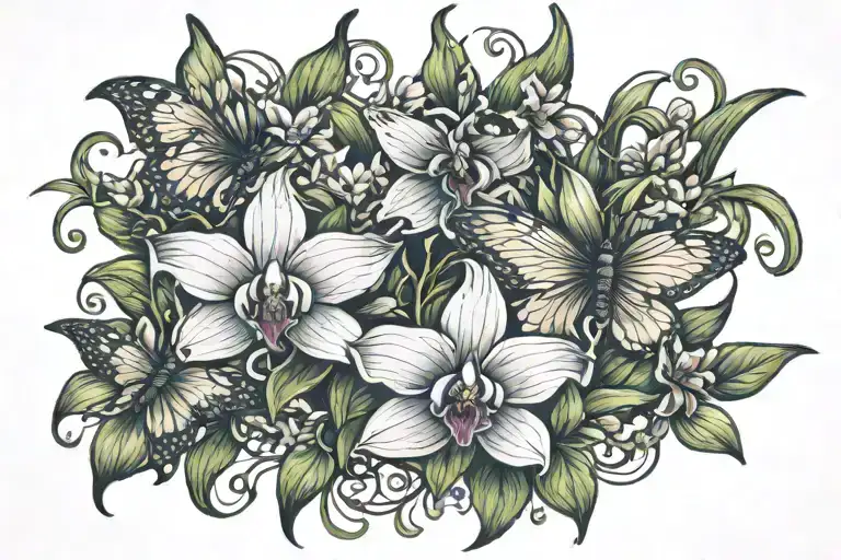 butterfly fairy wings orchids intertwined tattoo design idea