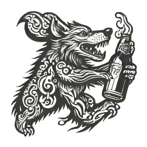 dancing wolf with beer bottle tattoo design idea
