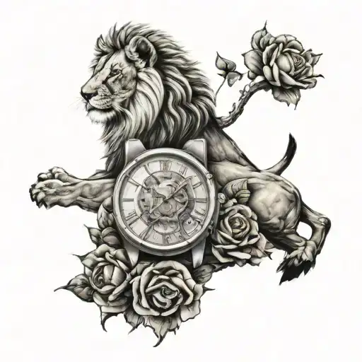 Realistic tattoo, Lion and a cub, watch, 29.11.2024, rose spines  tattoo design idea
