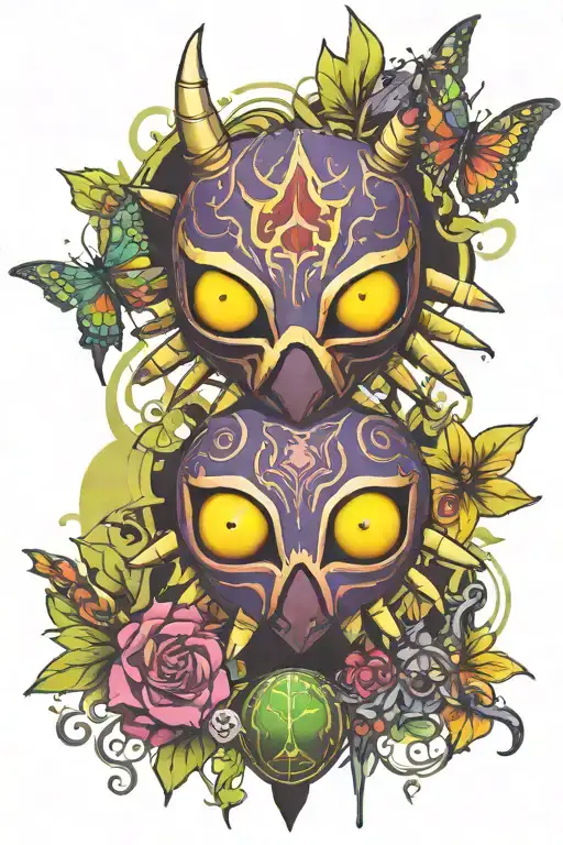 Majoras Mask with spider Lillys around it tattoo design idea