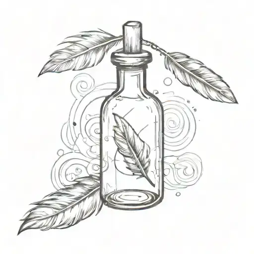 ink bottle with a feather and alchemy symbols  tattoo design idea