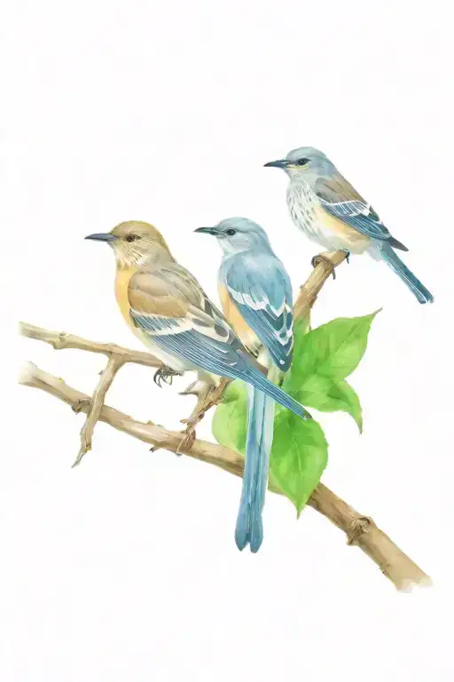 four mockingbirds perched on a branch tattoo design idea