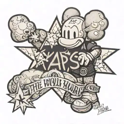 kaws, stars, the quote "the world is yours" written side to side from the drawing tattoo design idea