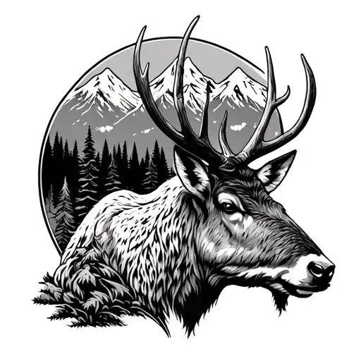 mtns and elk head tattoo design idea