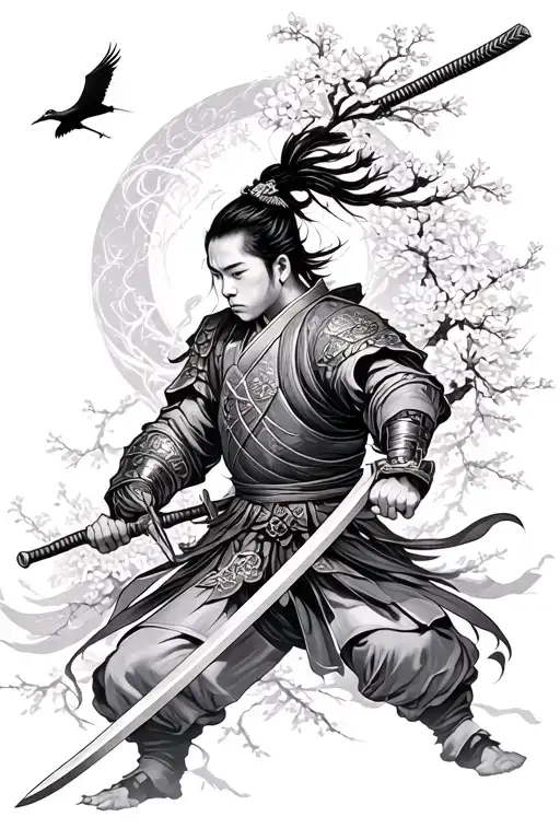 Chinese warrior wielding a sword with a cherry blossom in the background and a crane flying over-head  tattoo design idea