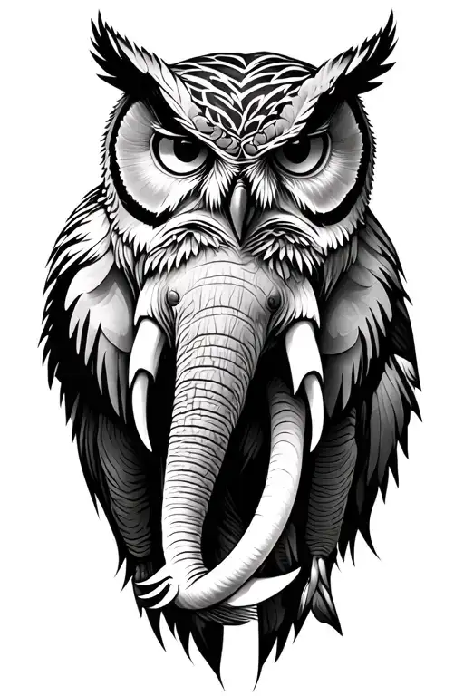 owl and elephant head tattoo design idea
