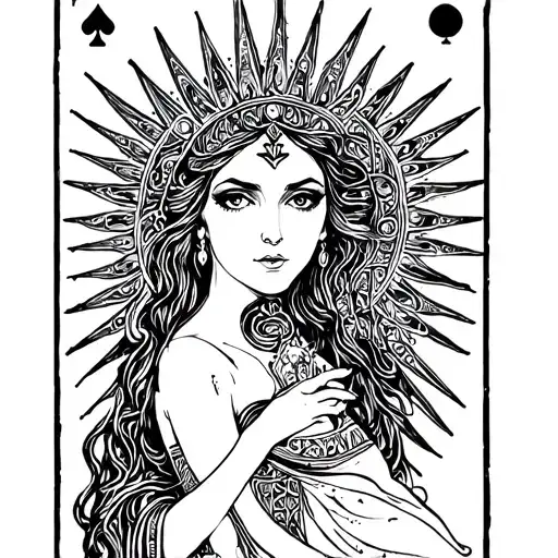 dark and sensual abstract line-art depiction of The Empress from tarot cards, incorporating elements of the sun, planets tattoo design idea