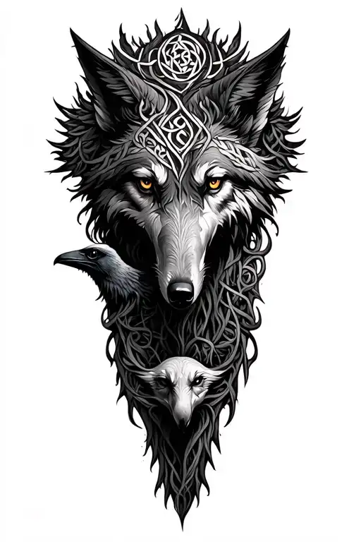 yggdrasil tattoo incorporating a small, almost hidden detail of a wolf and a raven. Celtic/viking style tattoo design idea