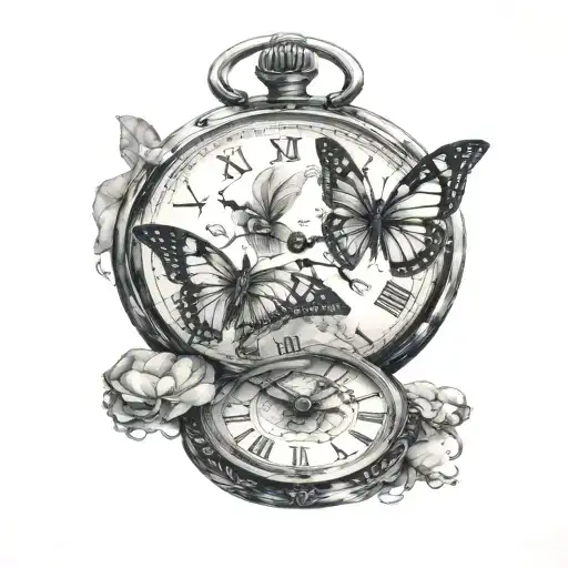 Parent-child silhouette, cracked pocket watch, butterfly resting, subtle black and gray shading, deep symbolism tattoo design idea
