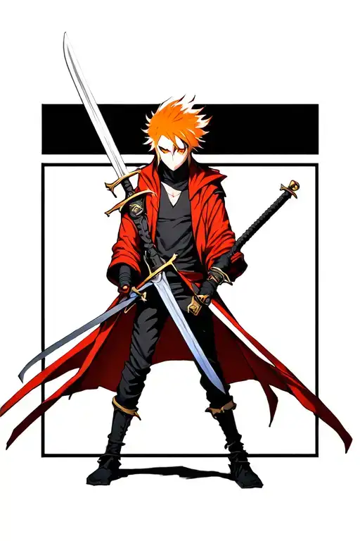 bleach anime ichigo in one rectangle, swords in second rectangle tattoo design idea