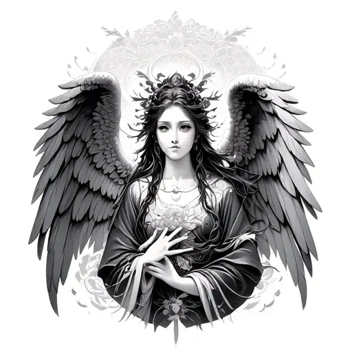 japanese traditional with seraphim angel black and white tattoo design idea