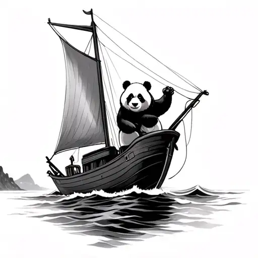 panda on a sail boat sailing towards tattoo design idea