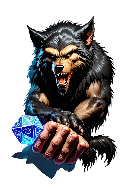 Werewolf holding D20 dice tattoo design idea