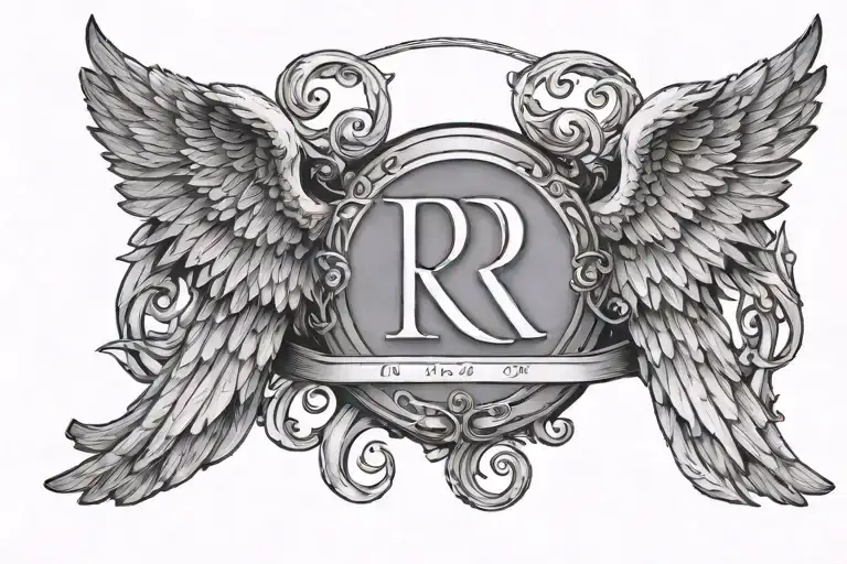 angel wings spread wide with letter R between wings and halo above  tattoo design idea