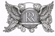angel wings spread wide with letter R between wings and halo above  tattoo design idea