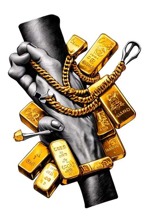 Wrist tattoo design featuring goldsmithing tools, gold bars, and a Cartier necklace tattoo design idea
