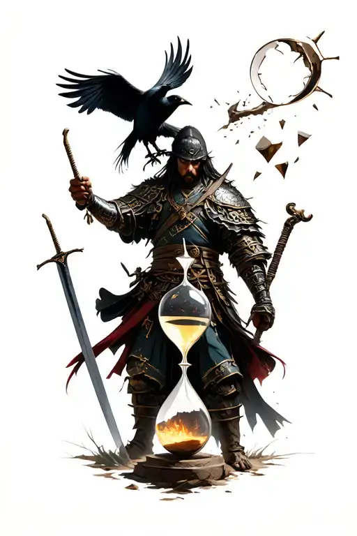 ronin warrior with sword and crow above his head holding a broken hourglass , and mysterious hand from the sky picking tattoo design idea