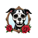 day of the dead zombie dog skullwith roses and mirror in background tattoo design idea