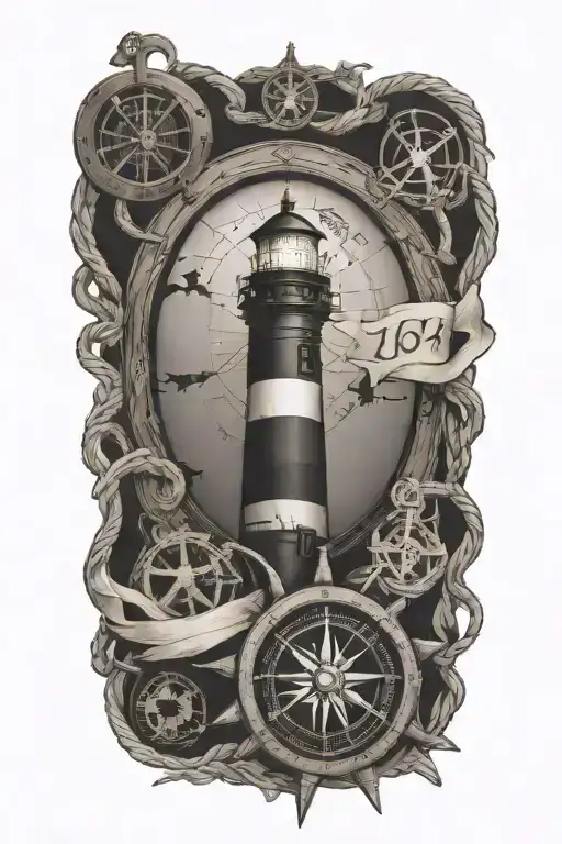 Old world map background with lighthouse surrounder by nautical compass, old rope and wooden steering wheel and anchor tattoo design idea
