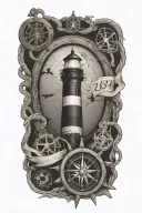 Old world map background with lighthouse surrounder by nautical compass, old rope and wooden steering wheel and anchor tattoo design idea