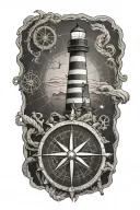 Old world map background with lighthouse surrounder by nautical compass, old rope and wooden steering wheel and anchor tattoo design idea