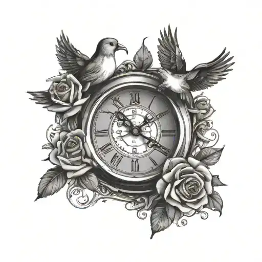 roses clock doves flying tattoo design idea