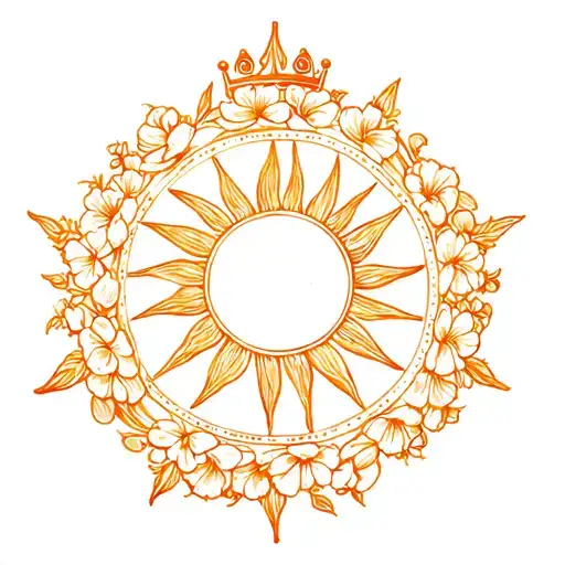 Sun from tangled, circle of flowers around it, rapunzel's crown on top tattoo design idea