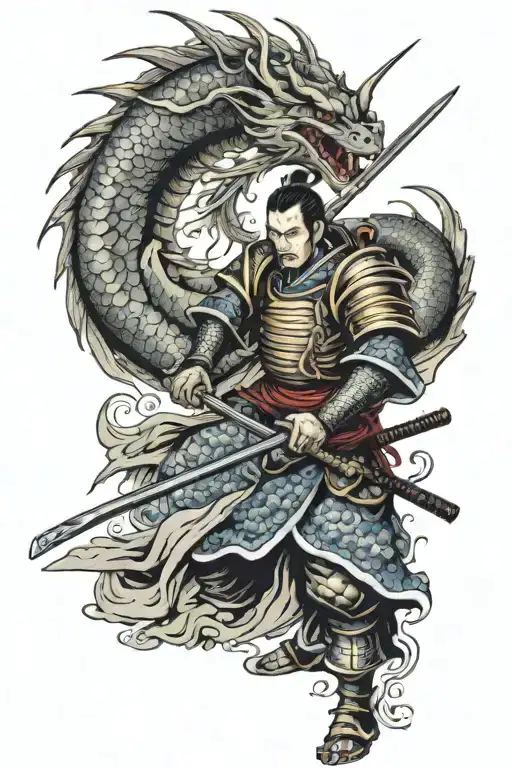 samurai in armor fights dragon with katana tattoo design idea