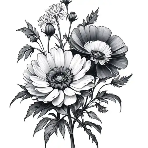 chrysanthemum, larkspur, poppy flowers tattoo design idea