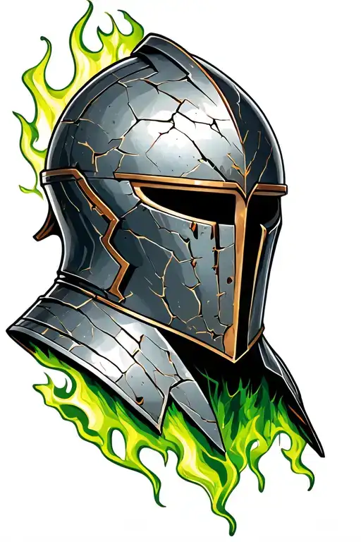 A helmet (knight-like or futuristic) with cracks, rust, or flames green tints in the cracks and angled slightly right tattoo design idea