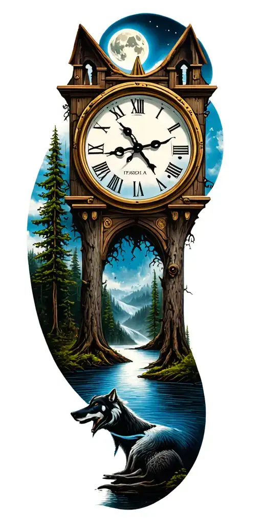clock trees wolf river moon tattoo design idea